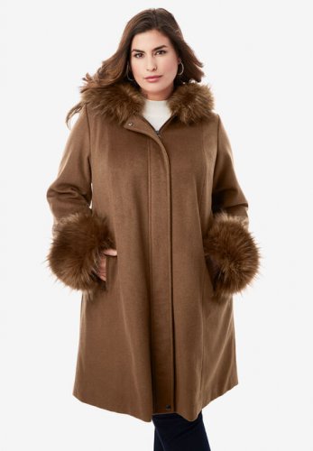 Hooded Faux Fur Trim Coat - Jessica London