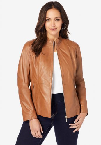 Zip Front Leather Jacket - Jessica London