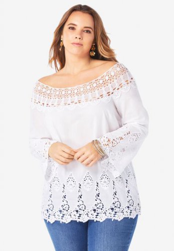 Bell-Sleeve Embroidered Lace Tunic - Roaman's