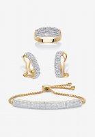 18K Gold-Plated Diamond Accent Demi Hoop Earrings, Ring and Adjustable Bolo Bracelet Set 9\ - PalmBeach Jewelry