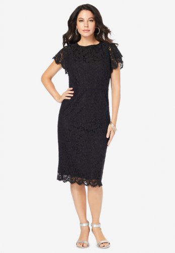 Lace Sheath Dress with Flutter Sleeves - Roaman's