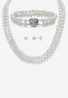 Pearl 3-Piece Earring, Double Strand Necklace And Bracelet Set In Sterling Silver 18\ - PalmBeach Jewelry