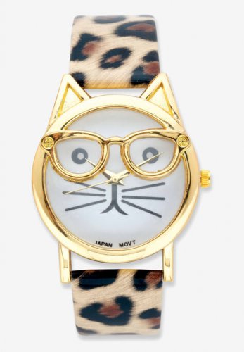 Gold Tone Leopard Print Cat Watch, 7.5 inches plus Extender - PalmBeach Jewelry
