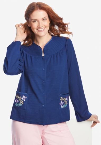 Short Waffle Knit Embroidered Bed Jacket - Only Necessities - Click Image to Close