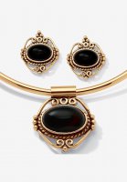 Yellow Gold Plated Antiqued 2 Piece Set Pendant (37mm) Oval Shaped Natural Black Onyx - PalmBeach Jewelry