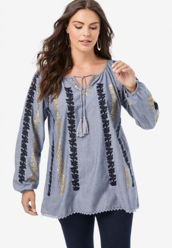 Embellished Sequin Boho Top - Roaman's