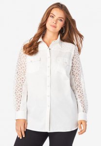 Lace-Sleeve Denim Big Shirt - Roaman's