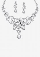 Silver Tone Swirl and Flower Bib Necklace and Bracelet Set, Crystal - PalmBeach Jewelry