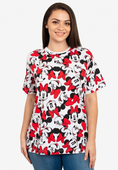 Disney Women's Minnie Mouse Faces Red Bows All-Over Print T-Shirt White - Disney - Click Image to Close
