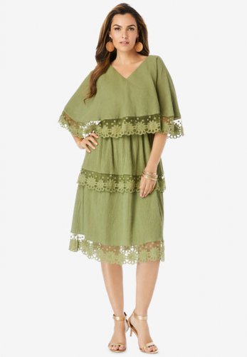 Tiered-Lace Crinkle-Knit Gauze Dress - Roaman's