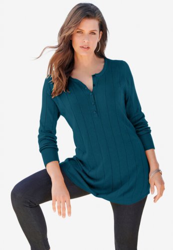 Fine Gauge Drop Needle Henley Sweater - Roaman's