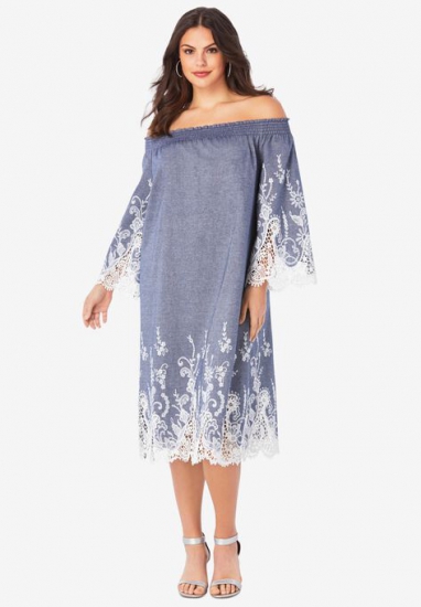 Eyelet Off-The-Shoulder Dress - Roaman's - Click Image to Close