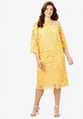 Off-The-Shoulder Lace Dress with Bell Sleeves - Roaman's