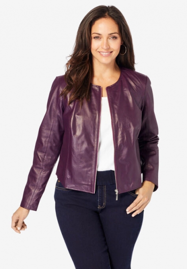 Collarless Leather Jacket - Jessica London - Click Image to Close