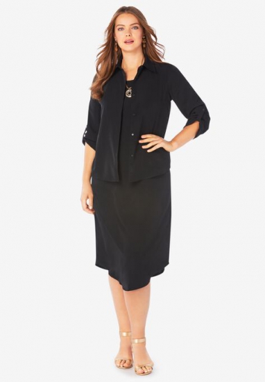 Three-Quarter Sleeve Jacket Dress Set with Button Front - Roaman's - Click Image to Close