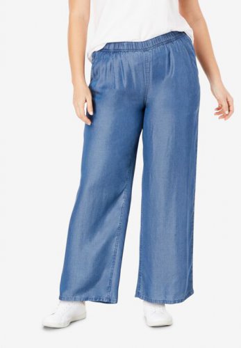 Wide Leg Elastic Waist Denim Pants - ellos