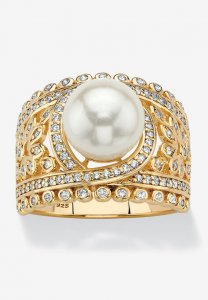 Gold over Sterling Silver Simulated Pearl and Cubic Zirconia Ring - PalmBeach Jewelry