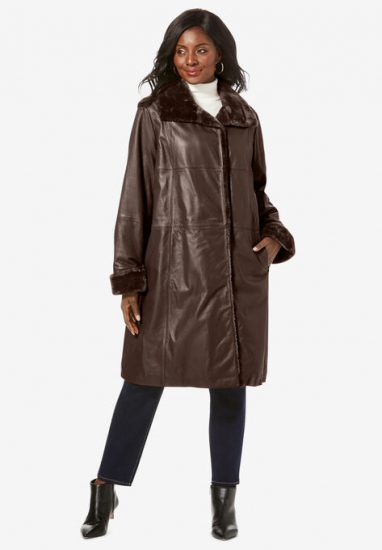 Fur-Trim Leather Swing Coat - Jessica London - Click Image to Close