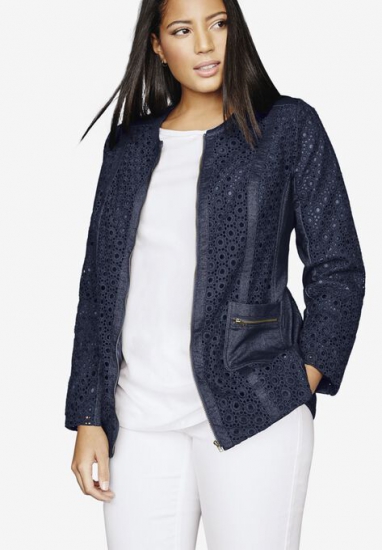 Eyelet Jacket With Denim Trim - Jessica London - Click Image to Close