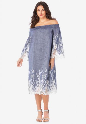 Eyelet Off-The-Shoulder Dress - Roaman's