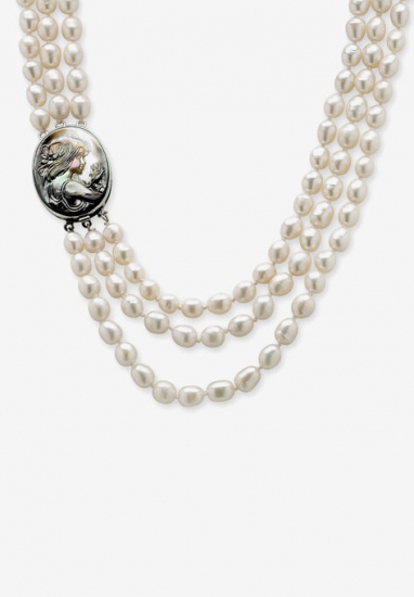 Silver Tone Multi Strand Cameo Necklace Cultured Freshwater Pearl 28\ - PalmBeach Jewelry - Click Image to Close