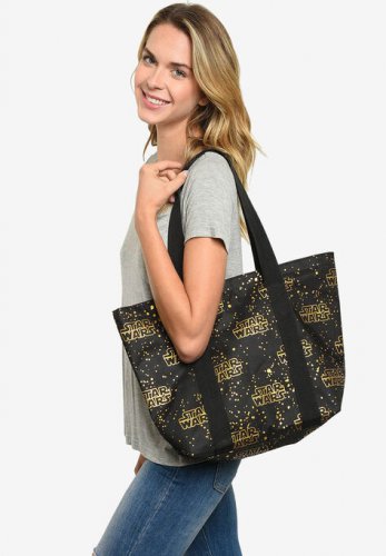 Star Wars Zippered Travel Tote Bag All-over Metallic Logo Shoulder Handbag - Disney