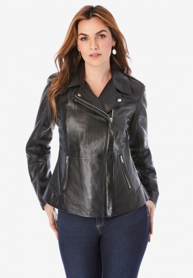 Leather Moto Jacket - Roaman's - Click Image to Close