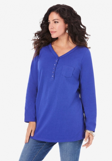Long-Sleeve Henley Ultimate Tee with Sweetheart Neck - Roaman's - Click Image to Close