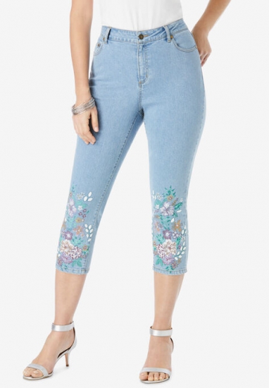 Floral Print Straight-Leg Capri Jean - Roaman's - Click Image to Close