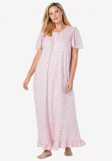 Long Floral Print Cotton Gown - Dreams & Co. - Click Image to Close