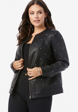 Rhinestone-Studded Bomber Jacket - Roaman's