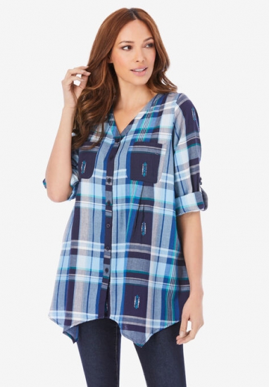 Soft Plaid Button-Up Big Shirt - Roaman's - Click Image to Close