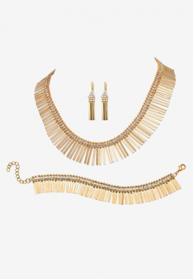 Gold Tone Fringe Necklace, Bracelet and Earring Set, Crystal, 17\ - PalmBeach Jewelry - Click Image to Close