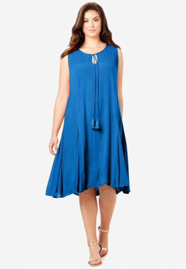 A-Line Crinkle Dress with Tassel Ties - Roaman's - Click Image to Close