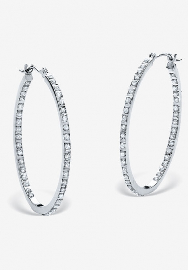 Platinum & Sterling Silver Hoop Earrings with Diamond Accent - PalmBeach Jewelry - Click Image to Close
