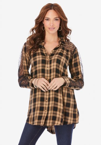 Lace Plaid Big Shirt - Roaman's