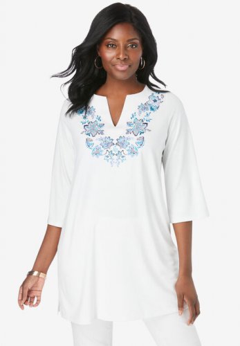 Embroidered Notch Neck Tunic - Jessica London