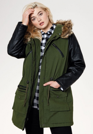 Quilted Faux Leather Sleeve Parka - ellos - Click Image to Close
