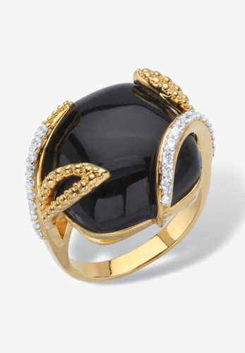 Yellow Gold-Plated Genuine Onyx and Cubic Zirconia Cabochon Ring - PalmBeach Jewelry