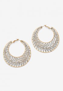 Goldtone Round Crystal Leaf Hoop Earrings - PalmBeach Jewelry