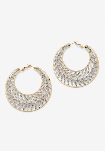 Goldtone Round Crystal Leaf Hoop Earrings - PalmBeach Jewelry