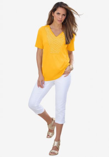 Embellished Sequin V-Neck Tee - Roaman's