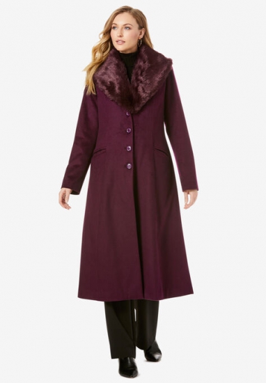 Long Wool-Blend Coat with Faux Fur Collar - Jessica London - Click Image to Close