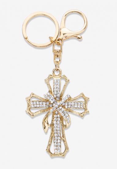 Goldtone Round Crystal Shrouded Cross Key Ring - PalmBeach Jewelry - Click Image to Close