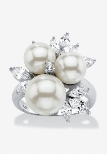 Platinum over Sterling Silver Simulated Pearl and Cubic Zirconia Ring - PalmBeach Jewelry