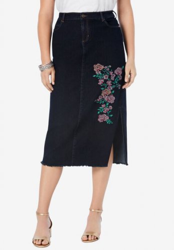 Embroidered Midi-Length Denim Skirt - Roaman's