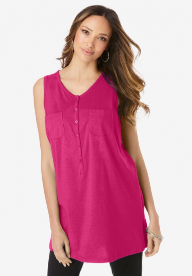 Button-Front Henley Ultimate Tunic Tank - Roaman's - Click Image to Close