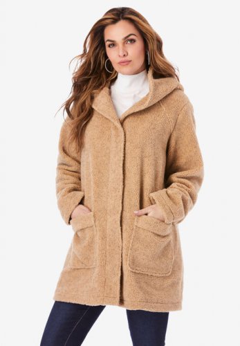 Hooded Textured Fleece Coat - Roaman's