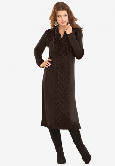 Fringed Cowl-Neck Sweater Dress - Roaman's - Click Image to Close