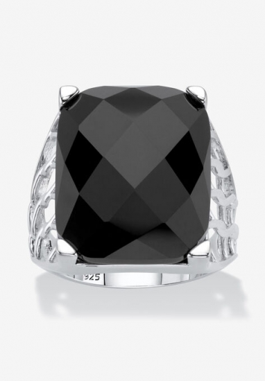Sterling Silver Natural Black Onyx Checkerboard Cut Ring - PalmBeach Jewelry - Click Image to Close